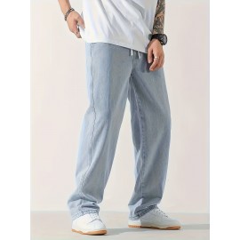 Men's Casual Light Blue Jeans, Loose Straight Trousers, Versatile Drawstring Elastic Waist Band Long Pants