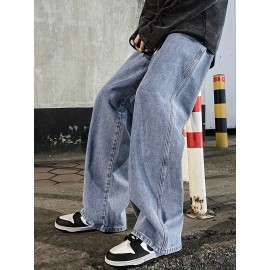 Men's Fashion Solid Loose Fit Straight Leg Jeans, Casual Street Style Denim Pants For Casual Daily Wear