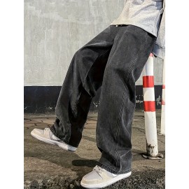 Men's Fashion Solid Loose Fit Straight Leg Jeans, Casual Street Style Denim Pants For Casual Daily Wear