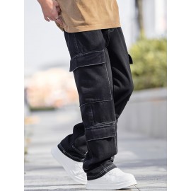 Men'S Street Style Cotton Blend Jeans, Loose Fit Straight Leg Denim Pants, Non-Stretch Solid Color, with Multiple Pockets, for All-Season Trousers