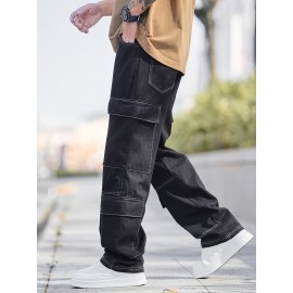 Men'S Street Style Cotton Blend Jeans, Loose Fit Straight Leg Denim Pants, Non-Stretch Solid Color, with Multiple Pockets, for All-Season Trousers