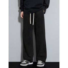 Men's Street Style Wide Leg Denim Jeans, Casual Drawstring Pants, Hip-Hop Loose Fit Jeans