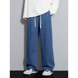 Men's Street Style Wide Leg Denim Jeans, Casual Drawstring Pants, Hip-Hop Loose Fit Jeans