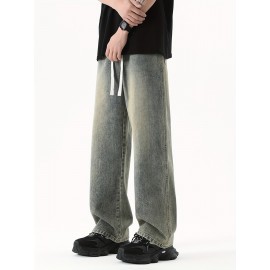 Men's Street Style Wide Leg Denim Jeans, Casual Drawstring Pants, Hip-Hop Loose Fit Jeans