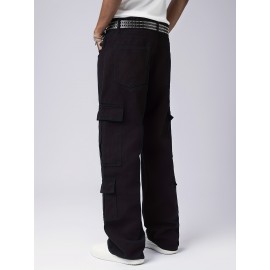 Men's Trendy Hip-Hop Style Loose Fit Cargo Jeans with Multiple Pockets - 100% Cotton, Machine Washable