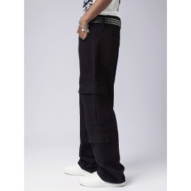 Men's Trendy Hip-Hop Style Loose Fit Cargo Jeans with Multiple Pockets - 100% Cotton, Machine Washable