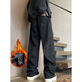 Men's Vintage-Inspired Fleece-Lined Jeans - Casual Straight Leg Denim for Fall/Winter, Machine Washable