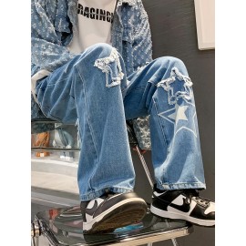 Vintage Men's Korean Denim Pants Y2K Cltohes Streetwear Printed Patchwork Male Baggy Jeans Straight Trousers