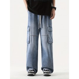 Men's Loose Gradient Color Denim Trousers With Pockets, Causal Drawstring Cotton Blend Jeans For Outdoor Activities