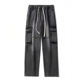 Men's Loose Gradient Color Denim Trousers With Pockets, Causal Drawstring Cotton Blend Jeans For Outdoor Activities
