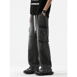 Men's Loose Gradient Color Denim Trousers With Pockets, Causal Drawstring Cotton Blend Jeans For Outdoor Activities