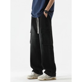 Men's Loose Gradient Color Denim Trousers With Pockets, Causal Drawstring Cotton Blend Jeans For Outdoor Activities