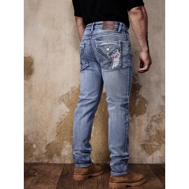 ESDVQ Men's Vintage-Inspired Embroidered Stretch Jeans - Slim Fit, Cotton Blend Denim with Pockets