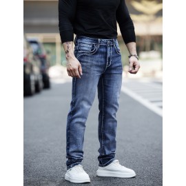 ESDVQ Men's Vintage-Inspired Embroidered Stretch Jeans - Slim Fit, Cotton Blend Denim with Pockets