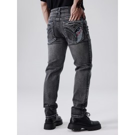 ESDVQ Men's Vintage-Inspired Embroidered Stretch Jeans - Slim Fit, Cotton Blend Denim with Pockets