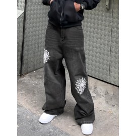 Men's Vintage Style Washed Denim Jeans with Embroidered Spider Web Design – Relaxed Fit, All-Season Casual Wear