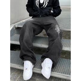 Men's Vintage Style Washed Denim Jeans with Embroidered Spider Web Design – Relaxed Fit, All-Season Casual Wear
