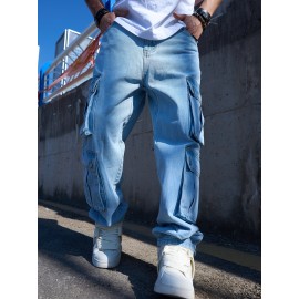 Men's Stylish Loose-Fit Cargo Jeans with Large Pockets - Casual Straight Leg Denim, Machine Washable