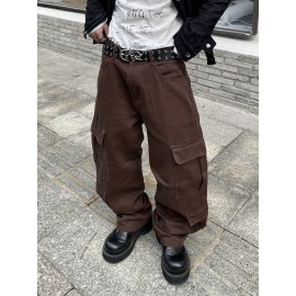 1pc Men'S Casual Loose Fit Cotton Jeans with Multiple Pockets, All-Season Solid Color Woven Denim, Regular Length Workwear Style Pants