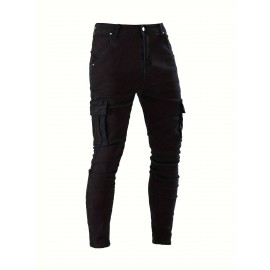 Men's Casual Flap Pocket Skinny Jeans, Chic Street Style Medium Stretch Denim Pants