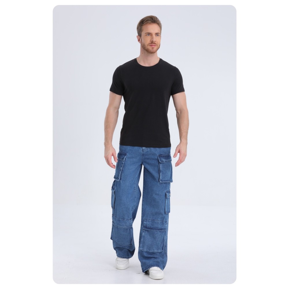 1pc Men'S Geometric-Patterned Multi-Pocket Faux Denim Faux Denim - All-Season Regular Fit Woven Fabric, Comfortable Street Style Basics for Adults