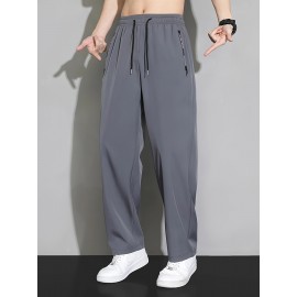Men's Casual Pocket Joggers, Straight Leg Drawstring Loose Fit Long Sports Pants For Spring Autumn