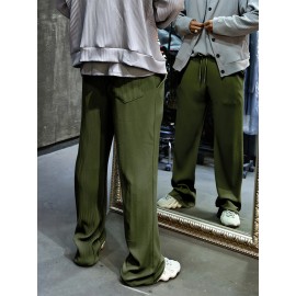 Men's Casual Drawstring Pants - Mid-Waist, Straight Leg, Solid Color Ribbed Design, Polyester Blend, Machine Washable