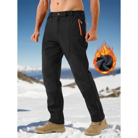 1pc ZUTY Men'S Fleece-Lined Waterproof Ski Pants, Softshell Color Block Sports Style with Zipper, Slight Stretch Polyester, Regular Fit for Snowboarding, Hiking - Woven Outdoor Trousers