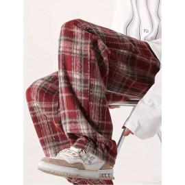 Men's Loose Fit Plaid Trousers, Breathable Comfort, Drawstring & Pockets
