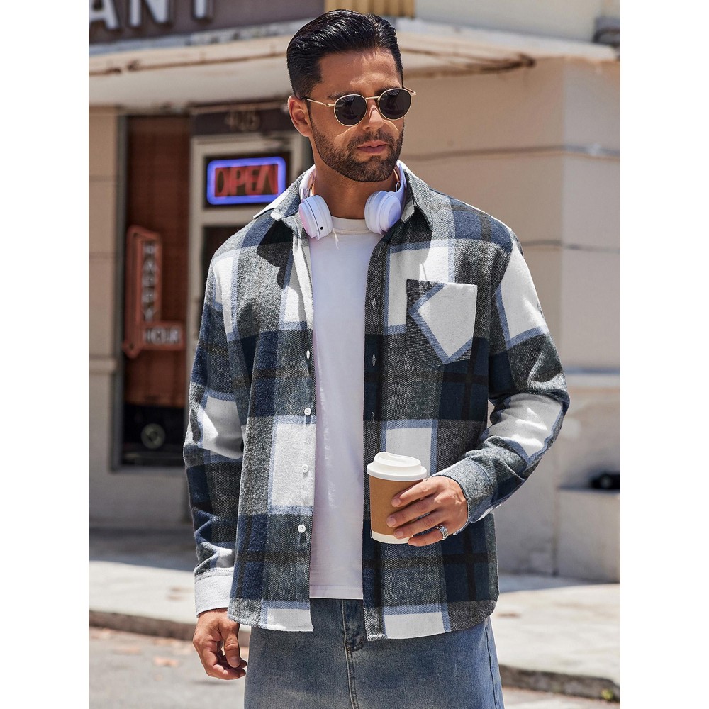 Mens Flannel Shirt Long Sleeve Plaid Jacket Casual Button Down Shirts Shacket