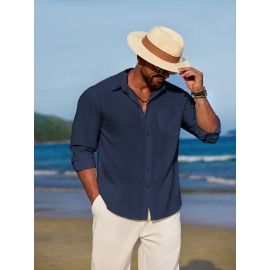 Men'S Polyester Chambray Casual Dress Shirt, Sexy Lapel Collar, Long Sleeve, Solid Color, Slight Stretch Fabric, with Front Slit Hem, Single Breasted Placket, for All-Season Party Wear
