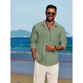 Men'S Polyester Chambray Casual Dress Shirt, Sexy Lapel Collar, Long Sleeve, Solid Color, Slight Stretch Fabric, with Front Slit Hem, Single Breasted Placket, for All-Season Party Wear