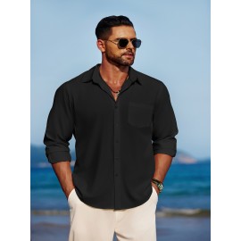 Men'S Polyester Chambray Casual Dress Shirt, Sexy Lapel Collar, Long Sleeve, Solid Color, Slight Stretch Fabric, with Front Slit Hem, Single Breasted Placket, for All-Season Party Wear