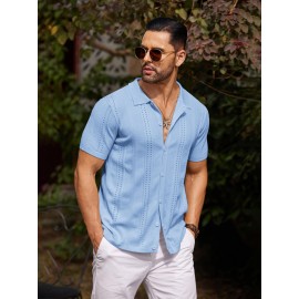 Men'S Summer Casual Knit Button-Down Lapel Shirts - Regular Fit, Slight Stretch Fabric, Solid Color Short Sleeve Casual Shirt with Button Detail
