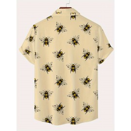 Bees Pattern Allover Print Men's Short Sleeve Lapel Shirt Top, Male Casual Button Up Shirt For Daily And Vacation Resorts Beach