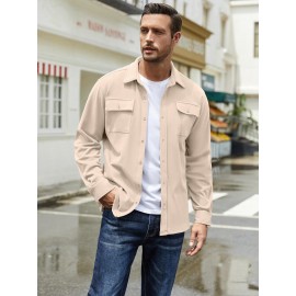 1pc Men'S Casual Polyester Shirting Jacket - Solid Color Long Sleeve Button Down Shacket with Pockets, Non-Stretch Knit Fabric, Regular Fit for Spring/Fall