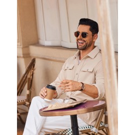 1pc Men'S Casual Polyester Shirting Jacket - Solid Color Long Sleeve Button Down Shacket with Pockets, Non-Stretch Knit Fabric, Regular Fit for Spring/Fall
