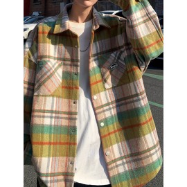 Color Block Plaid Men's Retro Long Sleeve Button Down Shirt With Chest Pockets, Spring Fall Casual Outdoor Loose Shirt