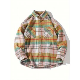 Color Block Plaid Men's Retro Long Sleeve Button Down Shirt With Chest Pockets, Spring Fall Casual Outdoor Loose Shirt